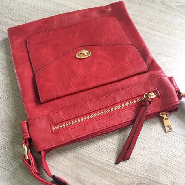 LARGE RED TURN LOCK MULTI COMPARTMENT CROSS BODY SHOULDER BAG WITH LONG STRAP