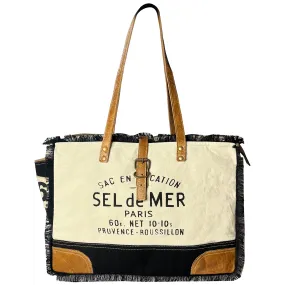 Leather Canvas Tote Bag for Women - Sel de Mer French-Inspired Shoulder Bag, Black