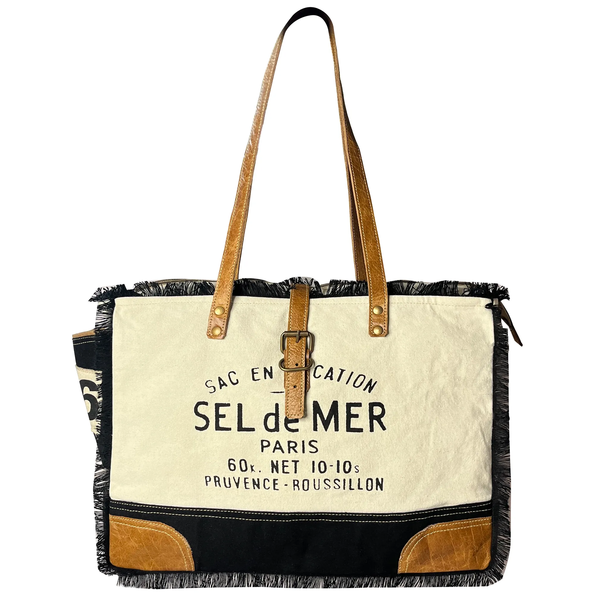 Leather Canvas Tote Bag for Women - Sel de Mer French-Inspired Shoulder Bag, Black