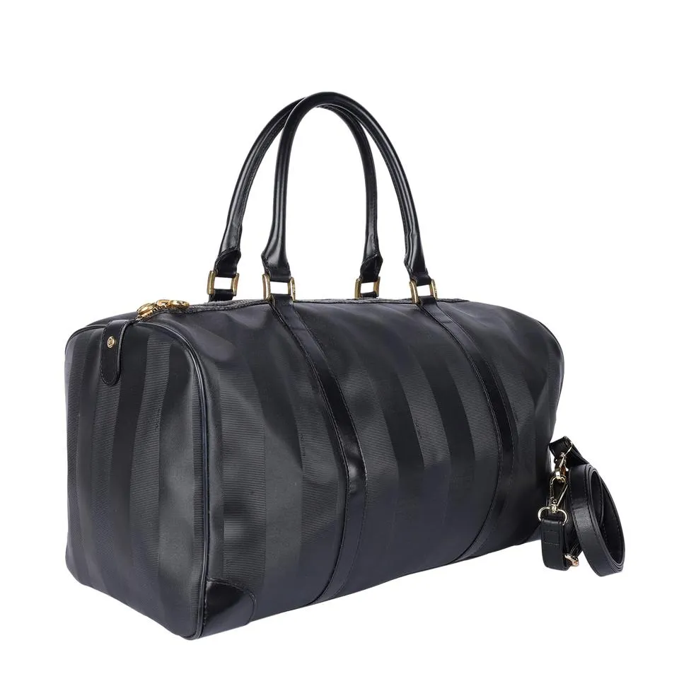 Leather Striped Weekend Travel Duffle Bag Black (Authentic Pre-Owned)