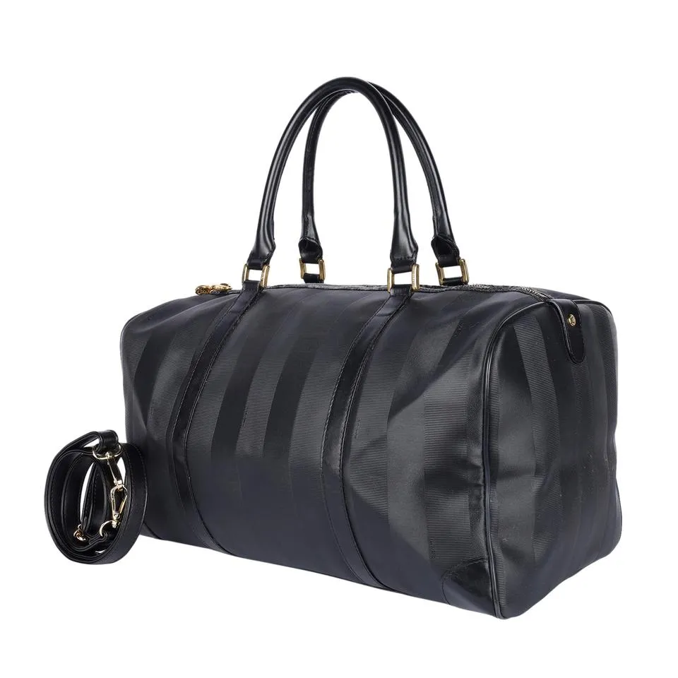 Leather Striped Weekend Travel Duffle Bag Black (Authentic Pre-Owned)