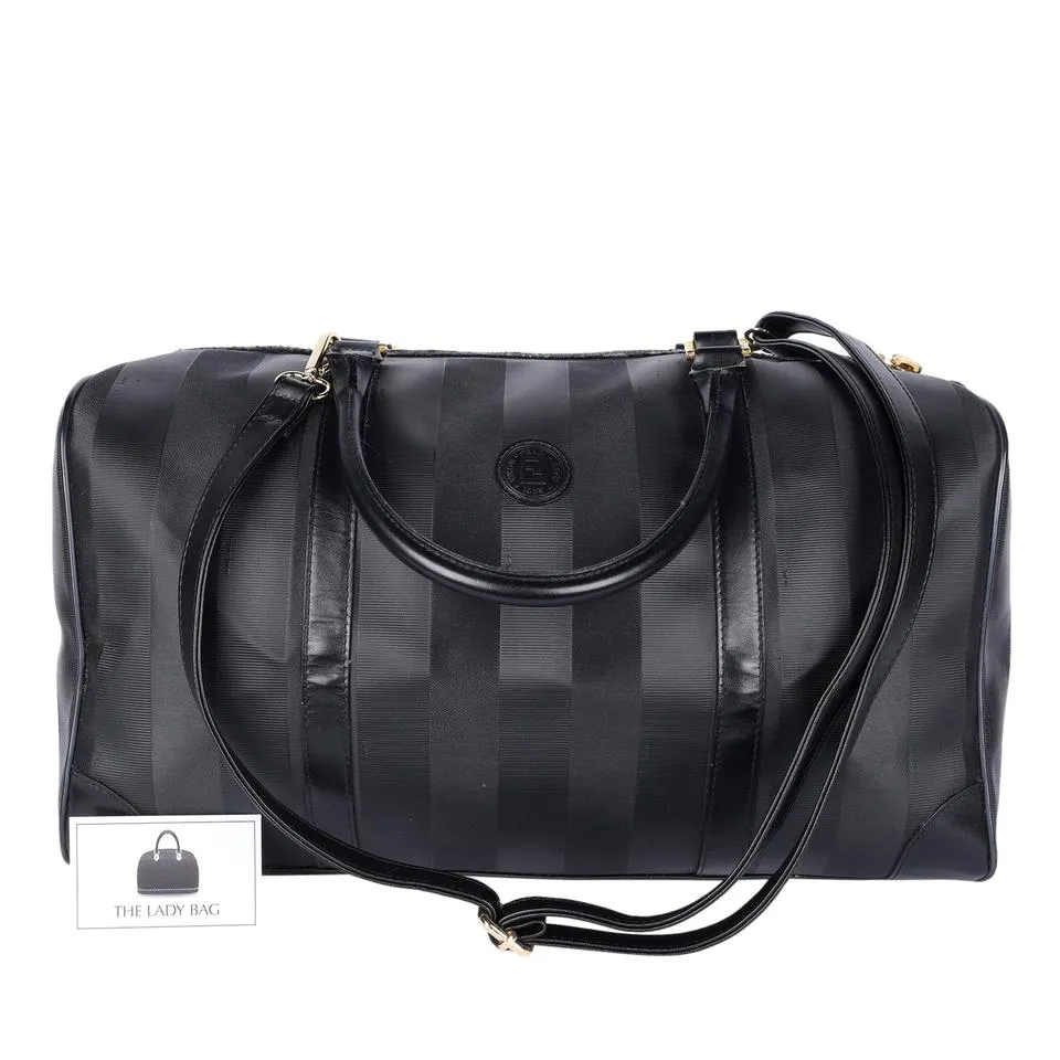 Leather Striped Weekend Travel Duffle Bag Black (Authentic Pre-Owned)