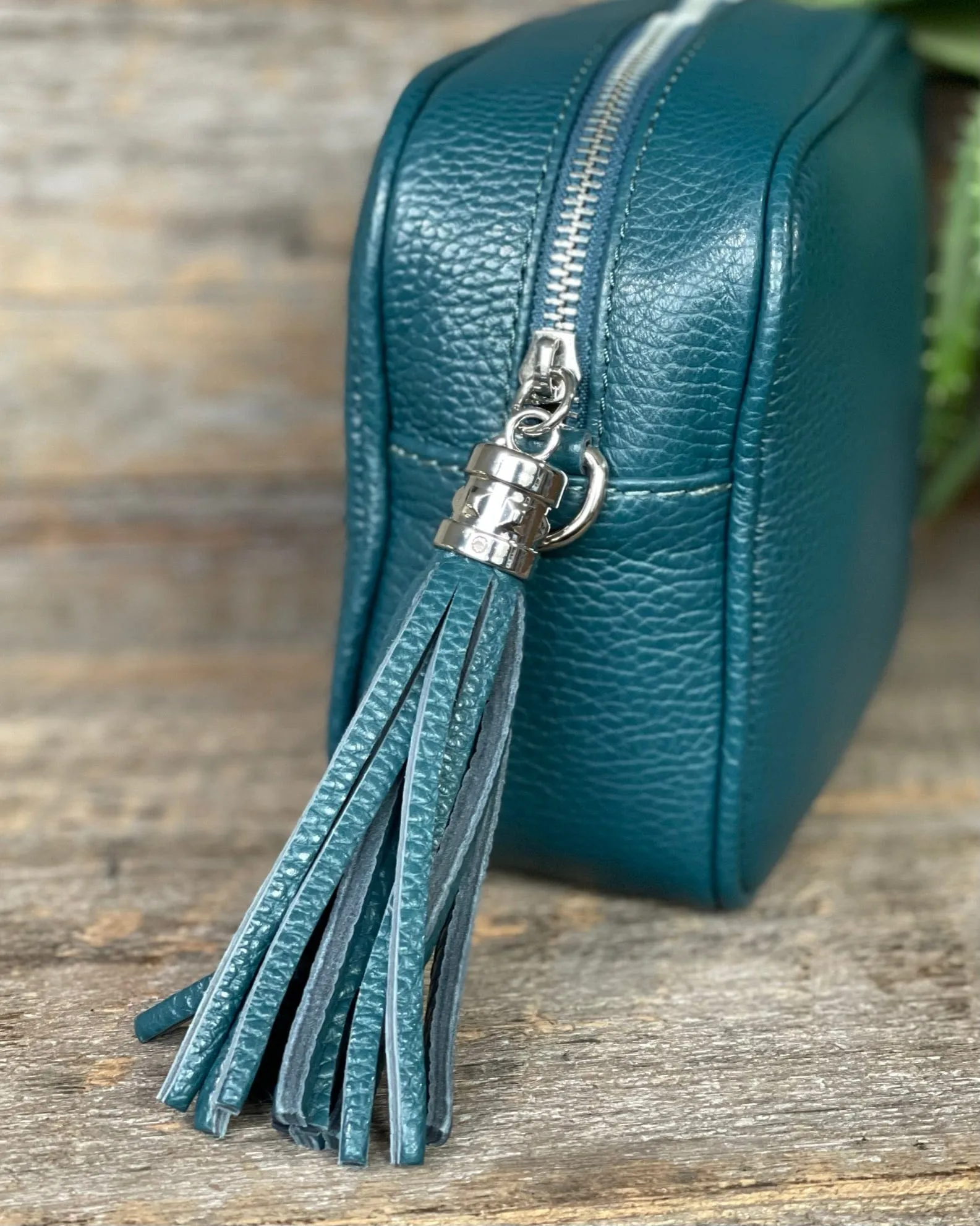 Leather Tassel Bag - Teal With Silver Finishings