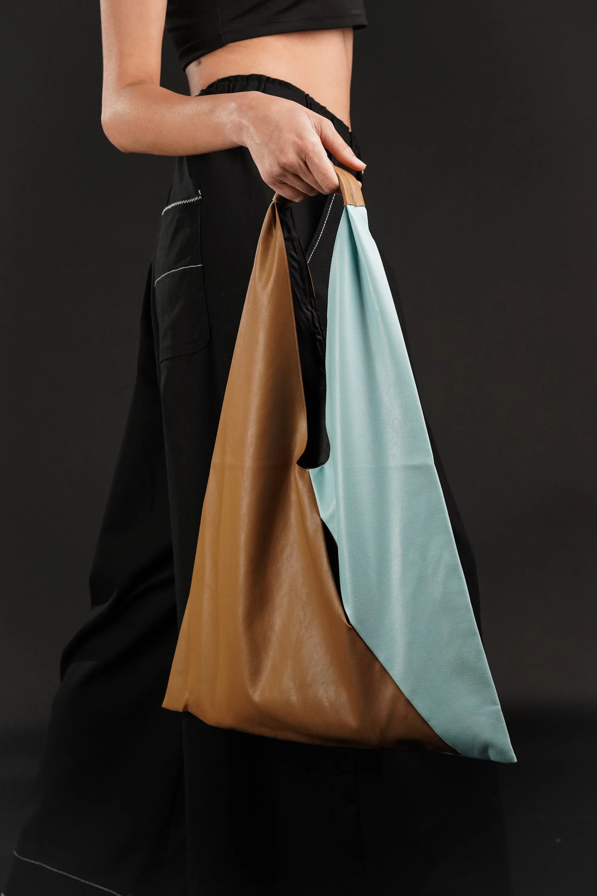 Light Blue And Brown Leather Bindle Bag