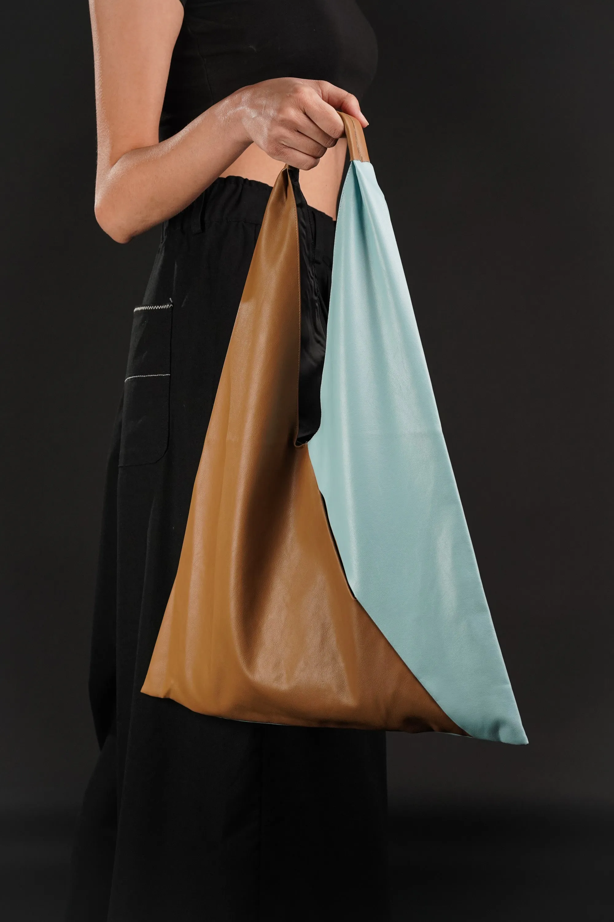 Light Blue And Brown Leather Bindle Bag