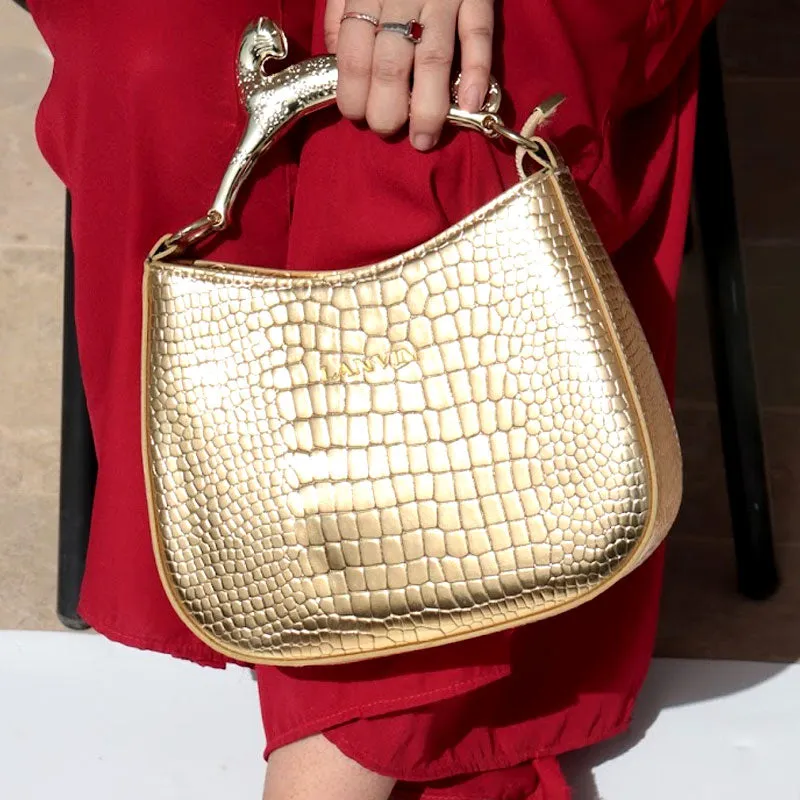 Luxurious Gold Jaguar Head Handle Statement Handbag