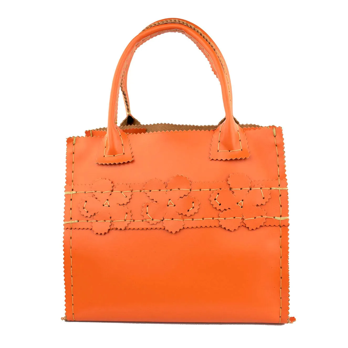 Persimmon Orange Mini Leather Tote with Floral Stripe