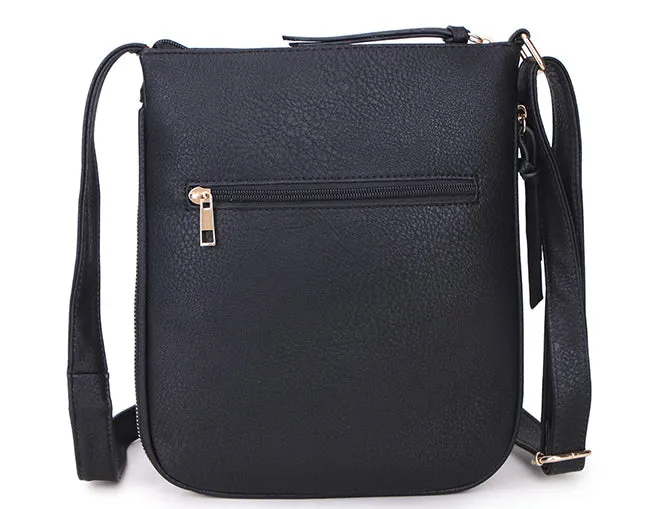 PLAIN CURVED BLACK MULTI COMPARTMENT CROSS BODY SHOULDER BAG