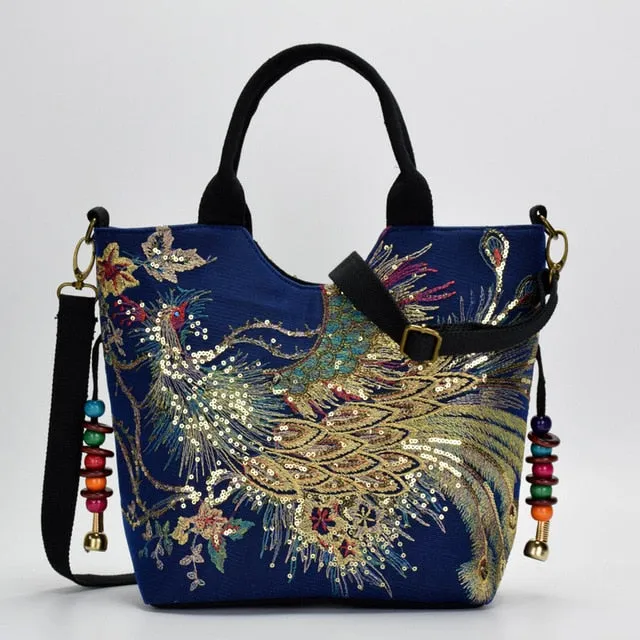 Shiny Peacock Embroidered Tote Bag Retro Casual Large Handbag Shoulder Belt