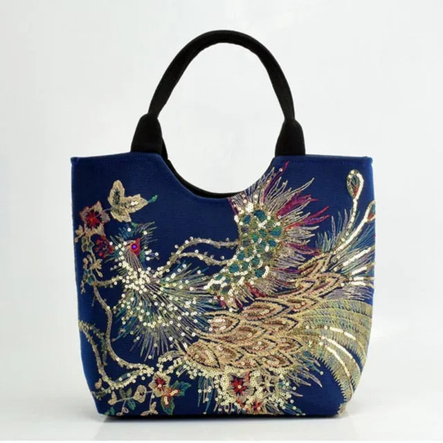 Shiny Peacock Embroidered Tote Bag Retro Casual Large Handbag Shoulder Belt