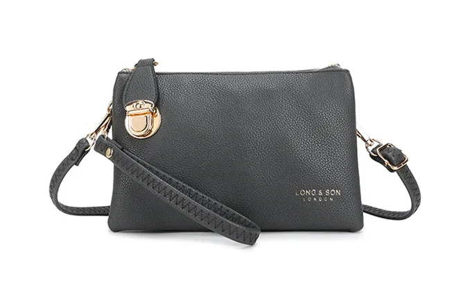 SMALL MULTI-POCKET CROSS BODY CLUTCH BAG WITH WRISTLET - DARK GREY