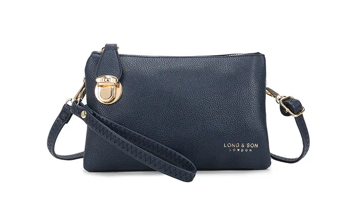 SMALL MULTI-POCKET CROSS BODY CLUTCH BAG WITH WRISTLET - NAVY BLUE