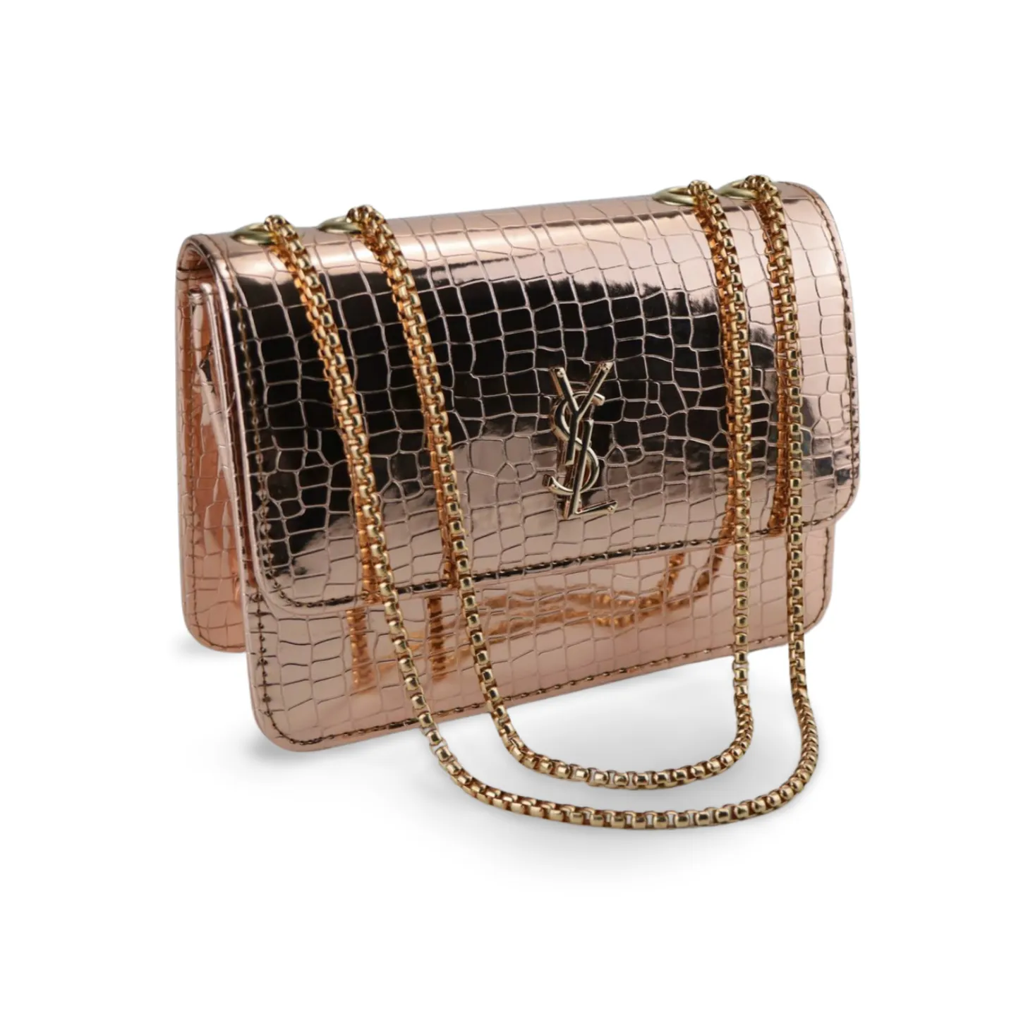 Stylish Metallic Croc Skin Crossbody Purse with Gold Chain