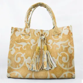 Tapestry Printed Leather Small Tote with Handmade Tassels