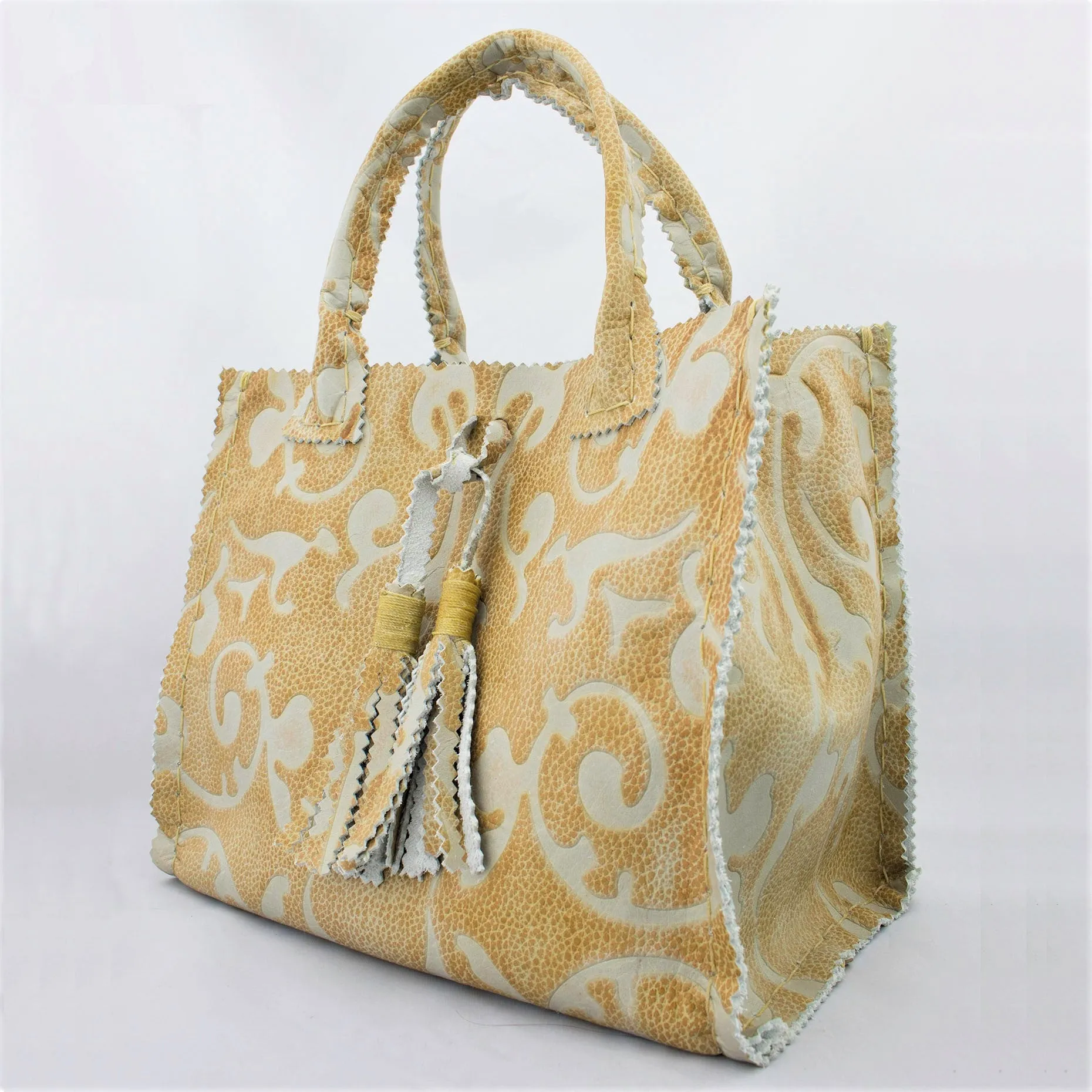 Tapestry Printed Leather Small Tote with Handmade Tassels