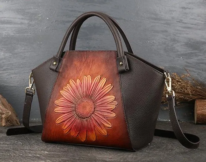 The Flower Power Leather Tote Bag | Limited Edition | Handmade Purse | Leather Handbag | Cowhide Leather Women Bag | Birthday Gift For Her