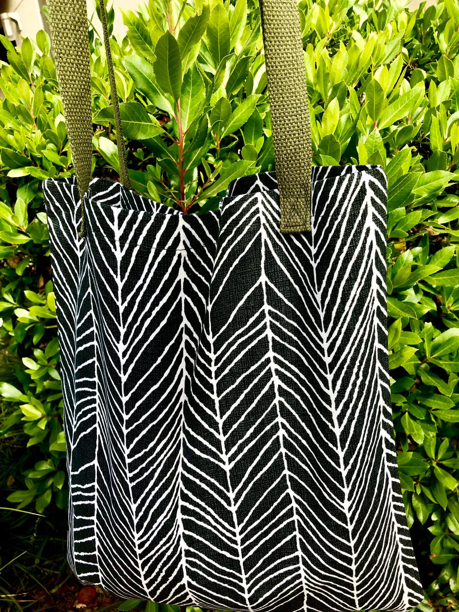 Tribal Black Tote Bag with Olive Straps